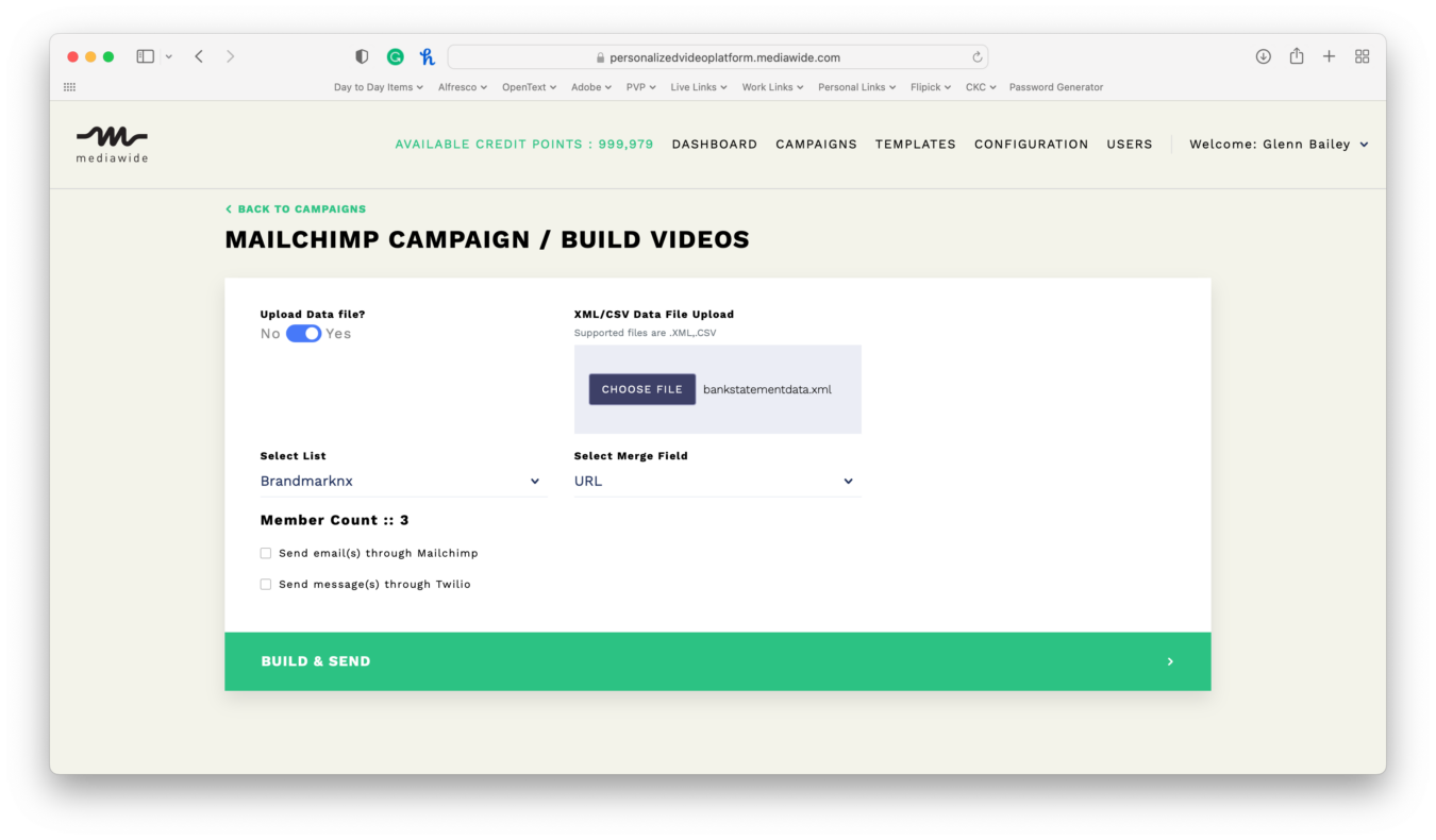 Screenshot showing the link between Mailchimp and the Mediawide Personalised Video Platform
