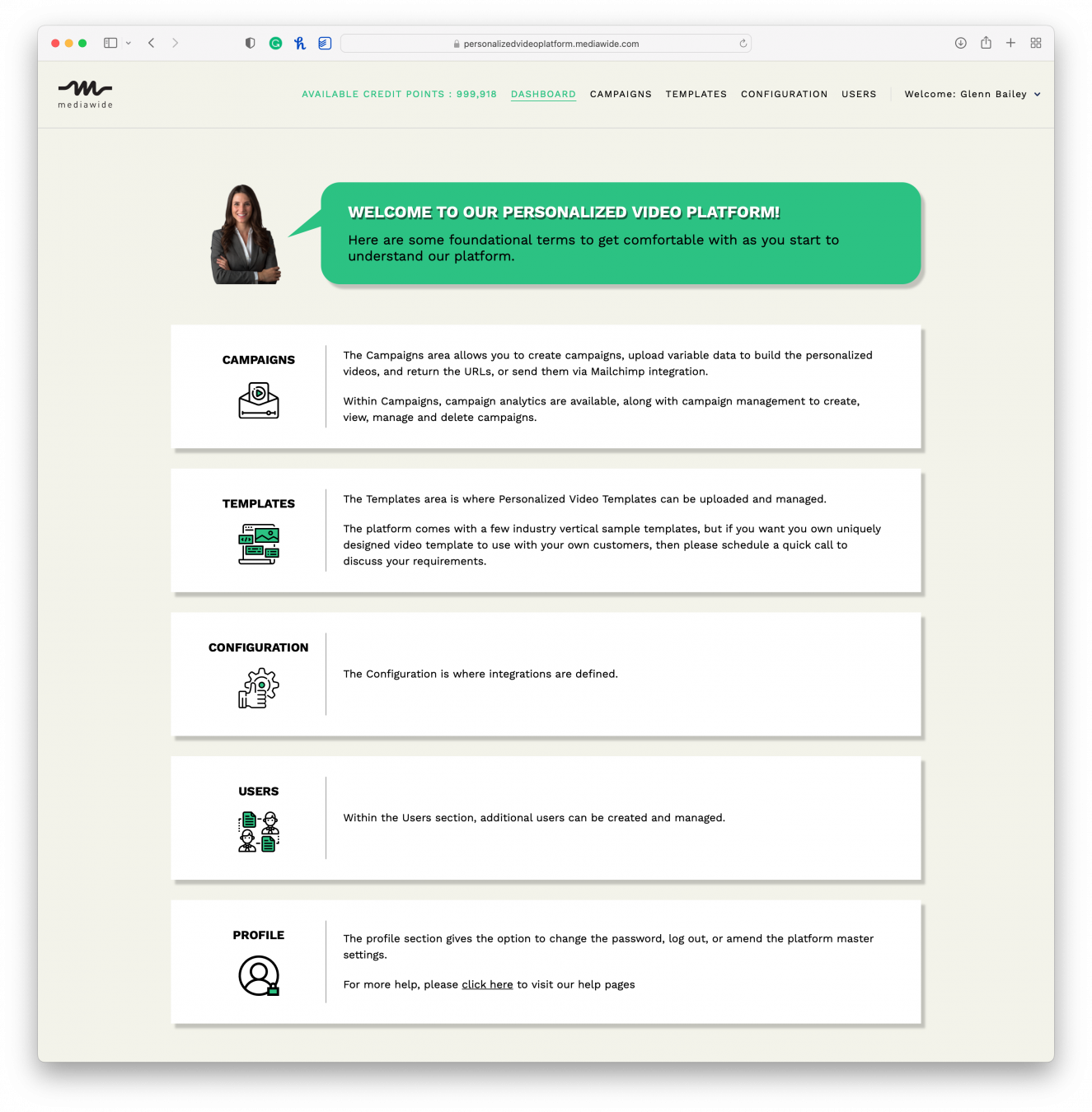 Home screen of the Mediawide Personalised Video Platform.
