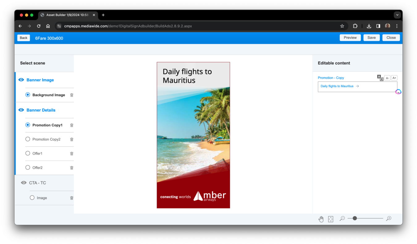 The user interfae of the mediawide creative management plaform, showing the creation of a web banner.