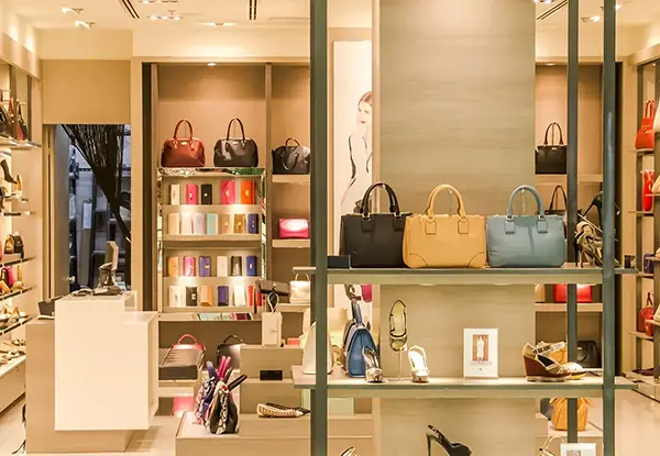 Fashion retail store with organized shelves displaying handbags in various colors on the top shelves and stylish shoes on the lower shelves, creating an elegant and inviting shopping space.