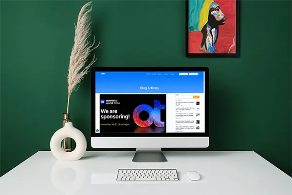 Modern workspace with a white desk, an iMac displaying a blog page about OpenText World 2024, a circular vase with dried pampas grass, and a green wall with a colorful abstract painting in the background.