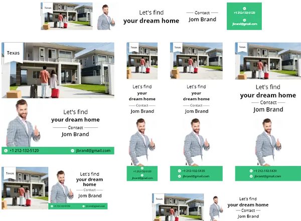 Real estate promotional image with Jom Brand, a smiling agent giving a thumbs-up, set against a modern house with a family and luggage, with contact details prominently displayed for client outreach.