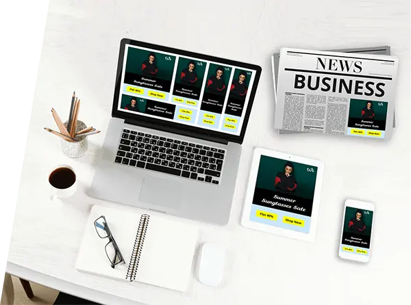 Image of a laptop, tablet, phone, and a newspaper displaying a summer sunglasses sale advertisement with flat 40 percent off. Highlights a cross-platform marketing strategy using digital and print advertising.