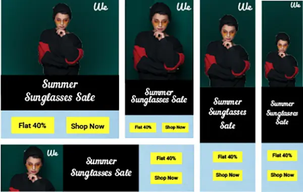 Promotional image of a person in black with red accents, highlighting a summer sunglasses sale offering a flat 40 percent discount. Includes bold text and yellow buttons encouraging shoppers to explore stylish eyewear deals.