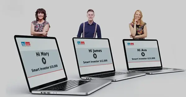 Three laptops in a row, each showing Top Smart personalized investment messages with client names and investment amounts. Individuals are standing behind each laptop, emphasizing personalized financial services and client testimonials.