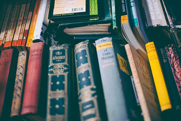 Close-up of vintage books arranged vertically with vibrant, ornate spines, including classic titles such as The Newcomes, Little Women, and The Talisman, creating a classic bookshelf display.