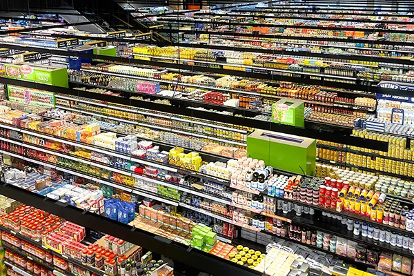 An organized supermarket interior showcasing neatly arranged aisles, clear signage, and a variety of packaged goods for an effortless shopping experience.