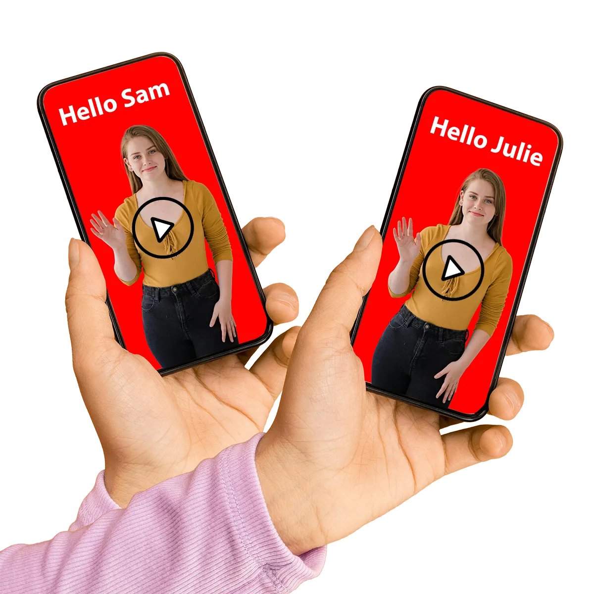 Two mobile phones showing a differenet personalized video on each.