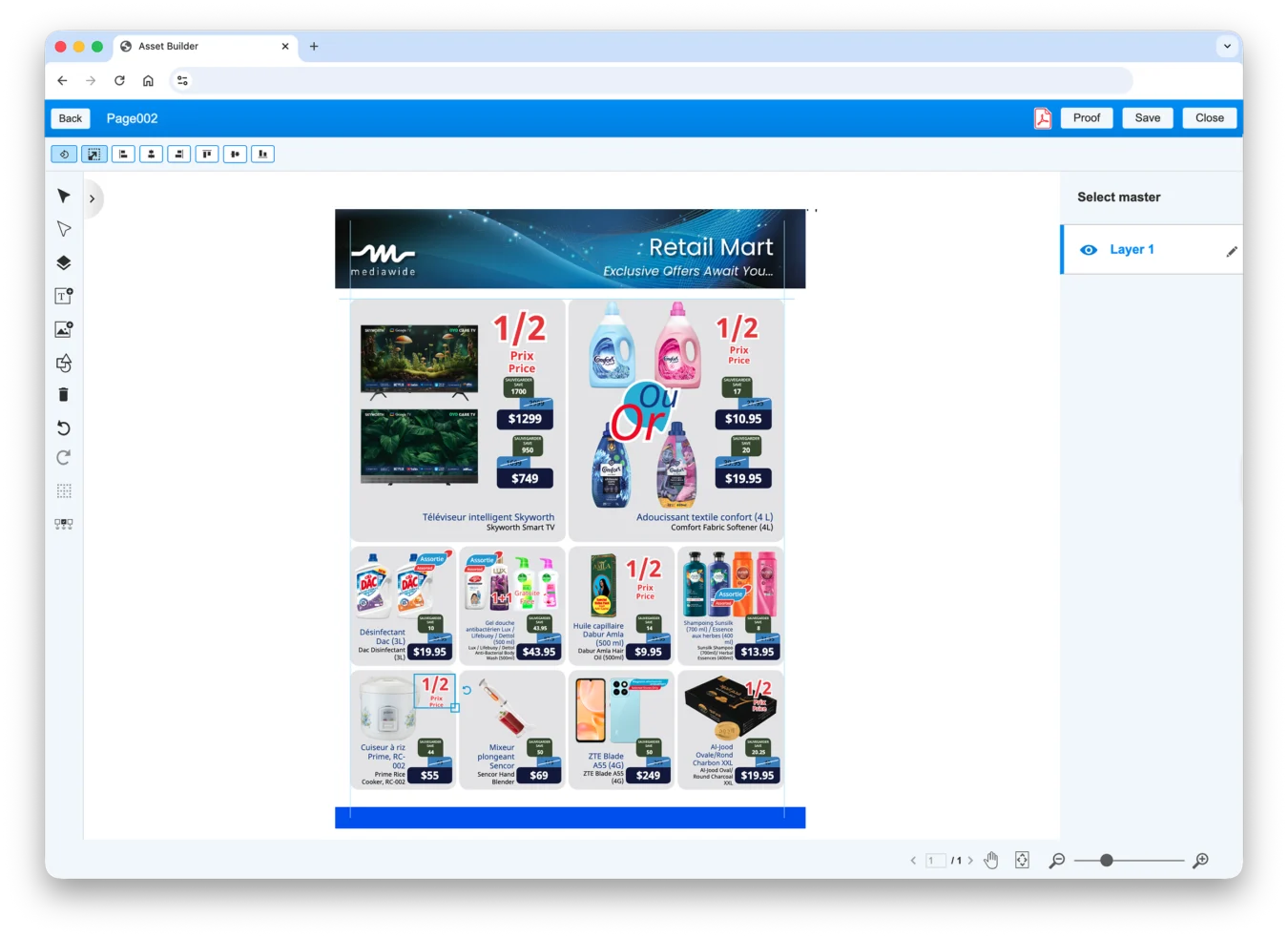 Screenshot showing the editing of a retail circular page from the Mediawide Creative Management Platform Retail Add-On